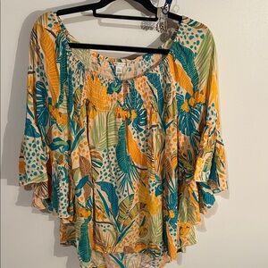 Cato Vibrant Leaf Print Blouse - Yellow, Green, Orange